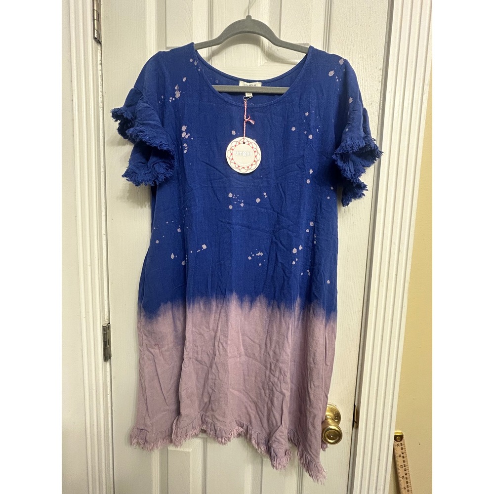 Umgee Womens Large Blue Purple Ombre Linen Blend Fringe Shift Dress A0135 NEW